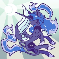 Size: 2000x2000 | Tagged: safe, artist:goosegiri, imported from derpibooru, princess luna, alicorn, pony, concave belly, crown, ethereal mane, ethereal tail, eyes closed, female, hoof shoes, horn, jewelry, leonine tail, long horn, long tail, mare, peytral, princess shoes, regalia, slender, solo, tail, thin, turned head, wings