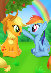 Size: 2480x3508 | Tagged: safe, artist:leonkay, imported from derpibooru, applejack, rainbow dash, earth pony, pegasus, pony, apple, apple tree, backwards cutie mark, boop, cute, dashabetes, duo, duo female, female, food, jackabetes, outdoors, rainbow, tree