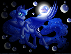 Size: 1600x1200 | Tagged: safe, artist:inuhoshi-to-darkpen, imported from derpibooru, princess luna, scootaloo, alicorn, pegasus, pony, bubble, dream walker luna, female, filly, foal, hoof shoes, jewelry, mare, peytral, regalia