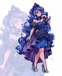 Size: 1662x2048 | Tagged: safe, artist:libbly_libby, imported from derpibooru, kotobukiya, princess luna, human, 2d, bare shoulders, breasts, cleavage, clothes, dress, eyeshadow, female, girdle, high heels, humanized, jewelry, kotobukiya princess luna, looking at you, makeup, regalia, shoes, simple background, solo, white background, zoom layer