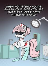 Size: 1000x1354 | Tagged: safe, artist:n-o-n, imported from derpibooru, nurse redheart, earth pony, pony, angry, clothes, disappointed, disapproval, gloves, gradient background, hospital, indoors, looking at you, medic, meme, nurse, nurse outfit, nurse redheart is not amused, solo, sweat, unamused, ungrateful, vulgar