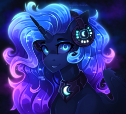 Size: 2771x2500 | Tagged: safe, artist:buvanybu, imported from derpibooru, princess luna, alicorn, pony, alternate design, bust, colored pupils, colored wings, colored wingtips, cute, fanart, female, flowing mane, folded wings, glowing, glowing mane, glowing tail, gradient background, gradient horn, halo, headphones, horn, jewelry, looking at you, mare, necklace, peytral, portrait, shiny, smiling, smiling at you, solo, space background, sparkles, sparkly wings, standing, tail, wings