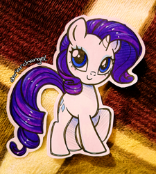 Size: 2644x2932 | Tagged: safe, artist:dariarchangel, imported from derpibooru, rarity, pony, unicorn, adorable face, blue eyes, blue eyeshadow, c:, chibi, cute, cute face, cute smile, cuteness overload, daaaaaaaaaaaw, eyeshadow, female, hnnng, horn, long tail, makeup, mare, photo, purple hair, purple mane, purple tail, raised hoof, raribetes, small horn, smiling, smol, solo, standing, standing on three hooves, tail, too cute, traditional art, uwu, weapons-grade cute, white coat