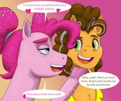 Size: 3000x2500 | Tagged: safe, artist:azurllinate, imported from derpibooru, cheese sandwich, pinkie pie, earth pony, 2025, blue eyes, brown mane, cheesepie, clothes, colored, dialogue, english, eyebrows, eyelashes, female, gradient background, gray mane, green eyes, hoof on chin, hooves, lidded eyes, looking at each other, looking at someone, male, older, pink hooves, pink mane, ponytail, shading, shipping, shirt, speech bubble, straight, teeth, two toned mane, yellow shirt