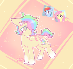 Size: 1200x1134 | Tagged: safe, artist:pikachu0205, imported from derpibooru, fluttershy, rainbow dash, oc, oc:rainbloom petals, pegasus, pony, coat markings, colored pupils, cute, female, floppy ears, flutterdash, hair over one eye, heart, lesbian, magical lesbian spawn, mare oc, multicolored hair, ocbetes, offspring, parent:fluttershy, parent:rainbow dash, parents:flutterdash, pegasus oc, rainbow hair, screencap reference, shipping, socks (coat markings), solo, wings