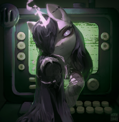 Size: 2850x2926 | Tagged: safe, artist:rvsd, imported from derpibooru, pony, unicorn, creepy, ear piercing, earring, female, glowing, glowing horn, horn, jewelry, mare, necklace, piercing, ponified, sadako, solo, television, the ring, underhoof, unshorn fetlocks