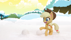 Size: 1920x1080 | Tagged: safe, imported from derpibooru, screencap, applejack, earth pony, pony, my little pony: pony life, my little pony: stop motion short, snowball fight (short), cute, snow, solo