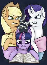 Size: 1729x2388 | Tagged: safe, artist:theedgyduck, imported from derpibooru, part of a set, applejack, rarity, twilight sparkle, earth pony, pony, unicorn, series:leechlord draws every episode, look before you sleep, angry, applejack's hat, book, cowboy hat, female, glare, hat, horn, mare, my little pony, part of a series, pillow, reading, unicorn twilight