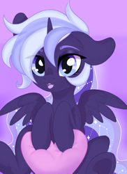 Size: 4000x5500 | Tagged: safe, artist:3akypo, imported from derpibooru, oc, oc only, alicorn, alicorn oc, cute, eyes open, female, gradient background, heart, horn, looking at you, open mouth, pillow, shading, sitting, smiling, solo, solo female, stars, wings