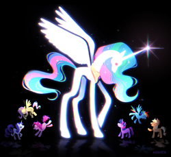 Size: 1980x1815 | Tagged: safe, artist:miavkin, imported from derpibooru, applejack, fluttershy, pinkie pie, princess celestia, rainbow dash, rarity, twilight sparkle, alicorn, earth pony, pegasus, pony, unicorn, black background, female, horn, mane six, mare, simple background