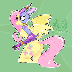 Size: 1078x1078 | Tagged: safe, artist:doelightful, imported from derpibooru, fluttershy, anthro, kobold, pegasus, bondage, commission, encasement, furry, furry to anthro, latex, solo, transformation, ych result