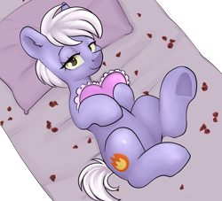 Size: 3300x3000 | Tagged: safe, artist:dumbwoofer, imported from derpibooru, burning passion, earth pony, pony, bed, bedroom eyes, ear fluff, female, flower petals, heart, heart pillow, holiday, looking at you, lying down, mare, on back, pillow, rose petals, simple background, smiling, solo, transparent background, underhoof, valentine's day