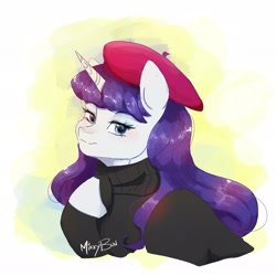 Size: 2048x2048 | Tagged: safe, artist:mikkybun, imported from derpibooru, rarity, pony, unicorn, alternate hairstyle, beatnik rarity, beret, bust, clothes, female, hat, horn, lidded eyes, mare, signature, smiling, solo, sweater, turtleneck