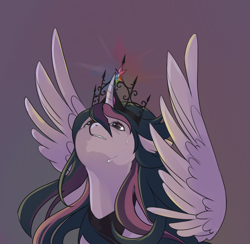 Size: 1704x1660 | Tagged: safe, artist:couka-jeiko, imported from derpibooru, twilight sparkle, alicorn, pony, bust, crown, crying, curved horn, female, horn, immortality blues, jewelry, looking up, mare, regalia, simple background, solo, spread wings, twilight sparkle (alicorn), wings