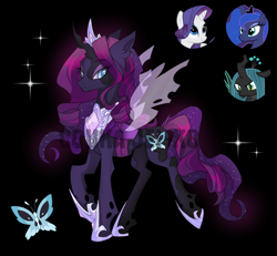 Size: 1962x1812 | Tagged: safe, artist:couka-jeiko, imported from derpibooru, oc, oc only, changeling, changeling queen, pony, adoptable, crown, female, fusion, fusion:princess luna, fusion:queen chrysalis, fusion:rarity, hoof shoes, jewelry, mare, peytral, regalia, solo, watermark