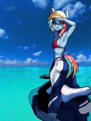 Size: 780x1040 | Tagged: safe, artist:lapindanseur, imported from derpibooru, rainbow dash, anthro, bra, breasts, clothes, delicious flat chest, female, grin, hat, jet ski, looking at you, looking back, looking back at you, ocean, pants, rainbow flat, raised arm, smiling, solo, underwear, water