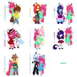 Size: 736x736 | Tagged: safe, artist:crazy, imported from derpibooru, applejack, cheese sandwich, fluttershy, pinkie pie, pokey pierce, rainbow dash, rarity, sunset shimmer, twilight sparkle, anthro, earth pony, pegasus, plantigrade anthro, pony, applepie, bisexual, cheesepie, clothes, denim, dress, earth pony pokey pierce, earth pony rarity, female, flutterpie, gacha club, gacha life, hat, jeans, lesbian, male, missing horn, overalls, pants, pegasus twilight sparkle, pinkie pie gets all the mares, pinkiedash, pokeypie, race swap, raripie, scarf, shipping, shoes, sneakers, straight, sunsetpie, top hat, tuxedo, twinkie