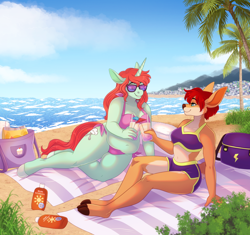 Size: 4000x3752 | Tagged: safe, artist:minettefraise, imported from derpibooru, clear sky, oc, oc only, oc:erika pebblebrook, oc:rianne, anthro, deer, unguligrade anthro, unicorn, anthro oc, background, bag, beach, belly, belly button, big breasts, bikini, breasts, chubby, cleavage, clothes, cloven hooves, cocktail umbrella, complex background, deer tail, detailed background, doe, drink, duo, duo female, fat, female, flirting, foliage, hooves, horn, looking at each other, looking at someone, mare, mountain, ocean, palm tree, pink bikini, red hair, red tail, sand, shading, shorts, shoulder bag, smiling, smiling at each other, sports bra, sports shorts, sunglasses, sunny day, sunscreen, swimsuit, tail, thighs, thunder thighs, towel, town, tree, unicorn oc, water