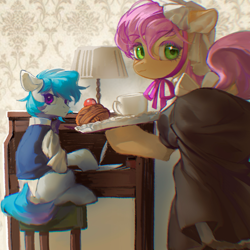 Size: 2048x2048 | Tagged: safe, artist:tingsan, imported from derpibooru, oc, oc only, oc:lyzam, oc:plum blossoms, cake, clothes, cup, desk, desk lamp, duo, duo male and female, feather, female, food, hoof hold, indoors, looking at you, looking back, maid, male, paper, rear view, sitting, table, tail, wallpaper