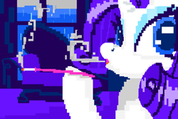 Size: 2160x1440 | Tagged: safe, artist:pylony, imported from derpibooru, rarity, unicorn, couch, horn, looking back, pixel-crisp art, rain, smoke, smoking, solo, storm, window