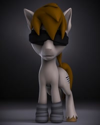 Size: 864x1080 | Tagged: safe, artist:franzu5ik, imported from derpibooru, oc, oc only, oc:slivka, earth pony, pony, 3d, anxious, blind, blindfold, clothes, gray background, open mouth, simple background, socks, source filmmaker