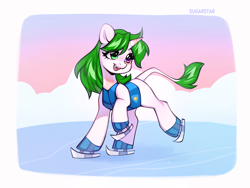 Size: 4000x3000 | Tagged: safe, artist:sugarstar, imported from derpibooru, oc, oc:sugarstar, pony, unicorn, winter wrap up, clothes, fangs, horn, ice skating, my little pony, open mouth, solo, winter