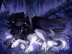 Size: 4000x3000 | Tagged: safe, artist:sweettsa1t, imported from derpibooru, oc, oc only, bird, pegasus, pony, rabbit, animal, belly, commission, female, forest, high res, lidded eyes, mare, nature, night, outdoors, signature, smiling, solo, thin, tree