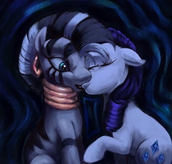 Size: 1024x976 | Tagged: safe, artist:misstwipietwins, imported from derpibooru, rarity, zecora, pony, unicorn, zebra, abstract background, commission, duo, ear piercing, earring, female, horn, jewelry, kiss on the lips, kissing, lesbian, mare, piercing, raricora, shipping