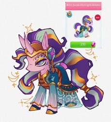 Size: 1121x1226 | Tagged: safe, artist:disaterror, imported from derpibooru, starlight glimmer, pony, unicorn, clothes, curved horn, dress, eyeshadow, female, gameloft, gameloft interpretation, gold eyeshadow, gold jewelry, headdress, helmet, hoof shoes, horn, jewelry, long horn, makeup, mare, narrowed eyes, no catchlights, no mouth, profile, reference used, see-through, slippers, slit pupils, solo, standing, tail cuff