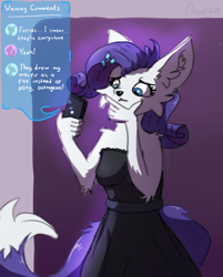 Size: 1113x1383 | Tagged: safe, artist:nighty, imported from derpibooru, rarity, anthro, fox, avatar, big ears, chat, chatting, clothes, colored pupils, comments, dialogue box, dress, ear fluff, female, fluffy, furrified, furry, hairpin, hand, phone, signature, simple background, solo, species swap, tail, text, thinking, vixen