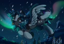 Size: 2048x1418 | Tagged: safe, artist:vanilla-chan, imported from derpibooru, oc, oc only, pegasus, pony, aurora borealis, cute, fangs, female, flying, mare, night, snow, snowfall, snowflake, solo, tongue out