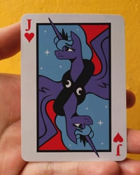 Size: 900x1125 | Tagged: safe, artist:poxy_boxy, imported from derpibooru, princess luna, alicorn, pony, female, joker, mare, peytral, playing card, solo