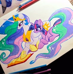 Size: 2012x2048 | Tagged: safe, artist:itsmissnight, imported from derpibooru, princess celestia, twilight sparkle, alicorn, pony, unicorn, book, duo, female, hoof shoes, jewelry, lying down, mare, peytral, prone, reading, regalia, traditional art, unicorn twilight