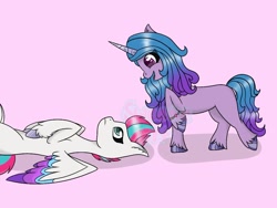 Size: 1080x811 | Tagged: safe, artist:izzy_moonboww, artist:twinkiesweetieart, imported from derpibooru, izzy moonbow, zipp storm, pegasus, pony, unicorn, duo, duo female, female, g5, horn, looking at each other, looking at someone, lying down, mare, pink background, simple background