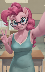 Size: 3072x4847 | Tagged: safe, editor:jasedward, imported from derpibooru, pinkie pie, anthro, ai composition, ai content, armpits, classroom, glasses, looking at you, peace sign, prompter:jasedward, selfie, smiling, solo