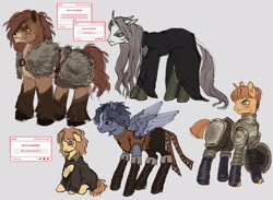 Size: 3037x2228 | Tagged: safe, artist:failentineland, imported from derpibooru, earth pony, pegasus, pony, unicorn, armor, broken horn, cloak, clothes, curved horn, eye scar, facial scar, fear & hunger, female, horn, male, mare, ponified, scar, shield, sitting, stallion