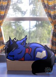 Size: 1996x2741 | Tagged: safe, artist:fluffyghost, imported from derpibooru, oc, bat pony, hybrid, pony, unicorn, bat pony oc, bat wings, box, clothes, commission, horn, hybrid oc, irl, nature, photo, pony in a box, scarf, sleeping, unicorn oc, window, wings, ych result