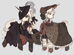 Size: 1103x815 | Tagged: safe, artist:failentineland, imported from derpibooru, pony, unicorn, bloodborne, clothes, dress, duo, female, hat, horn, lady maria, mare, ponified, simple background, the doll