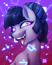 Size: 2500x3125 | Tagged: safe, artist:shad0w-galaxy, imported from derpibooru, cyborg, cyborg pony, earth pony, pony, leak, chromatic aberration, fangs, female, g5, glowing, glowing eyes, high res, mare, my little pony: tell your tale, open mouth, sharp teeth, simple background, slit pupils, smiling, solo, teeth, the petal gala, tongue out, zinnea