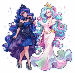 Size: 2048x2007 | Tagged: safe, artist:libbly_libby, imported from derpibooru, kotobukiya, princess celestia, princess luna, human, 2d, duo, duo female, female, height difference, humanized, jewelry, kotobukiya princess celestia, kotobukiya princess luna, looking at you, regalia, siblings, sisters