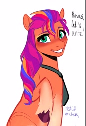 Size: 1463x2130 | Tagged: safe, artist:peachmichea, imported from derpibooru, sunny starscout, earth pony, pony, dialogue, female, g5, looking at you, mane stripe sunny, mare, simple background, solo, white background