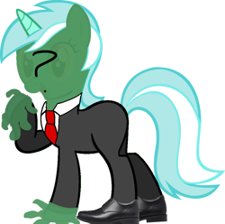 Size: 897x891 | Tagged: safe, anonymous artist, imported from derpibooru, lyra heartstrings, oc, oc:anon, pony, unicorn, clothes, cosplay, costume, gloves, horn, mask, necktie, question mark, shoes, simple background, solo, suit, transparent background