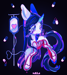 Size: 962x1071 | Tagged: safe, artist:p.ill.s, imported from derpibooru, oc, oc only, pony, unicorn, bandage, bandaid, bone, crying, dissectibles, horn, iv drip, medicine, pills, skeleton, solo, teary eyes