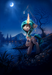 Size: 1206x1727 | Tagged: safe, artist:ramiras, imported from derpibooru, oc, oc only, oc:teary choir, pony, unicorn, boat, cattails, commission, crescent moon, fir tree, horn, magic, moon, mountain, night, night sky, paint tool sai, reeds, sky, tree, water