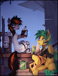 Size: 1418x1847 | Tagged: safe, artist:ramiras, imported from derpibooru, oc, oc only, oc:blackjack, bat pony, cyborg, cyborg pony, pony, unicorn, fallout equestria, fallout equestria: project horizons, alcohol, bat pony oc, bat wings, cybernetic legs, drink, duo, fanfic art, gun, horn, prosthetics, rifle, slender, small horn, thin, vss vintorez, weapon, whiskey, wings