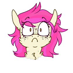 Size: 500x500 | Tagged: safe, artist:molars, imported from derpibooru, oc, oc only, oc:molars, pony, bust, cheek fluff, chest fluff, emote, female, freckles, looking at you, mare, pink mane, portrait, raised eyebrows, simple background, solo, transparent background