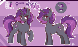 Size: 4920x3000 | Tagged: safe, artist:aer0 zer0, imported from derpibooru, oc, oc:velvet swirl, pony, unicorn, color palette, cutie mark, ear piercing, earring, female, horn, jewelry, mare, piercing, reference sheet, smiling, solo