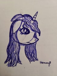 Size: 2448x3263 | Tagged: safe, artist:[mlp] harmony, imported from derpibooru, pony, ambiguous character, ambiguous race, bust, female, floppy ears, horn, mare, melancholy, portrait, sad, side view, sketch, straight mane, traditional art