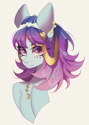 Size: 917x1280 | Tagged: safe, artist:meggychocolatka, imported from derpibooru, cyborg, cyborg pony, earth pony, pony, big ears, colored, colored sketch, ear piercing, earring, eyeshadow, female, freckles, g5, heart freckles, jewelry, looking at you, makeup, mare, my little pony: tell your tale, necklace, odessa evensong, piercing, simple background, sketch, solo, the petal gala, white background