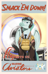 Size: 1409x2190 | Tagged: safe, artist:buckweiser, imported from derpibooru, classical hippogriff, hippogriff, equestria at war mod, aviator goggles, goggles, marine, marines, pilot, plane, poster, poster parody